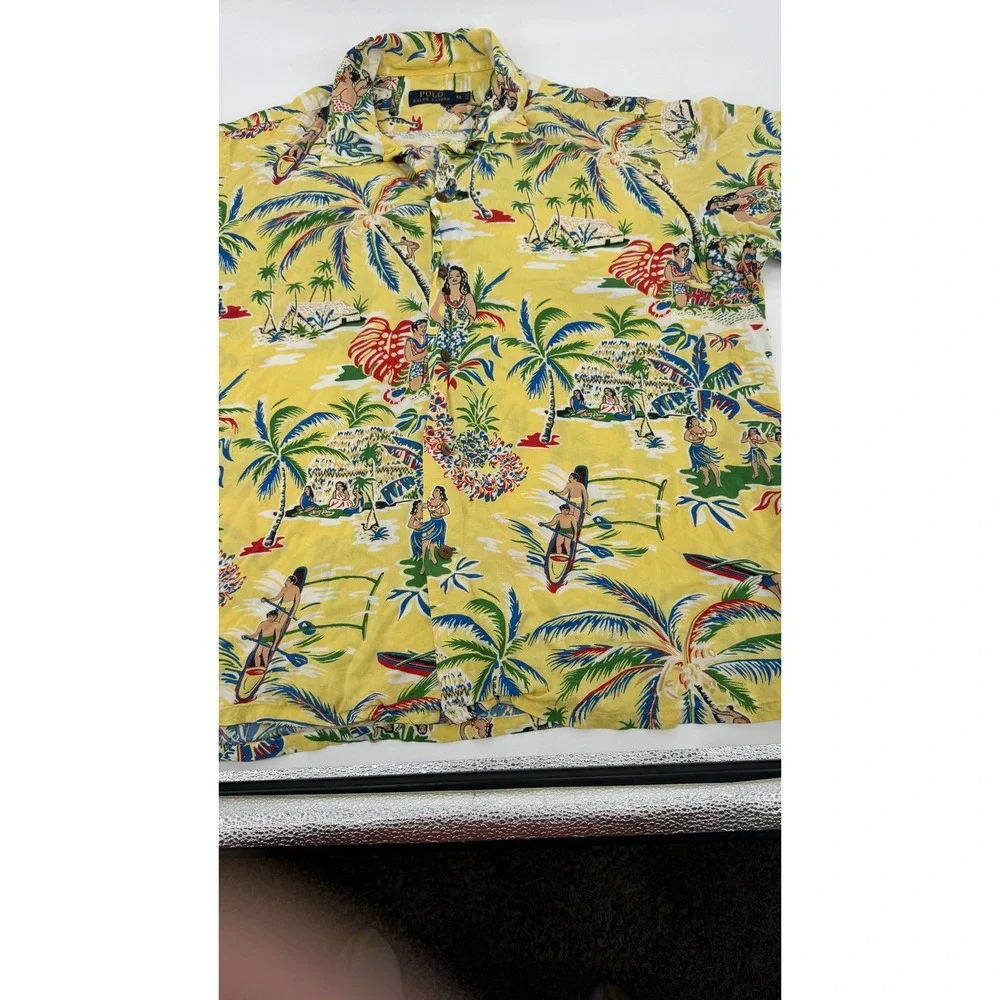 Polo Ralph Lauren Hula Girl Hawaiian Shirt Mens XL Yellow Viscose Tropical Camp
